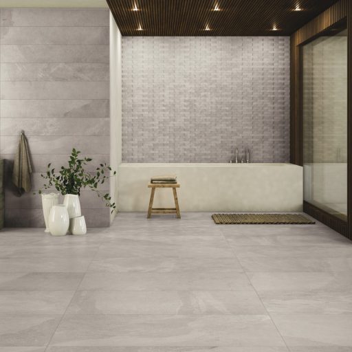 Slide White Stone Effect Rectified Porcelain Tile Roomset