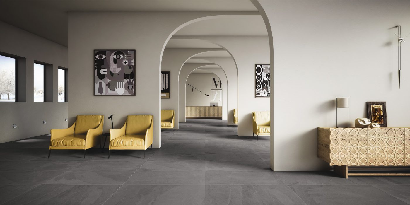 Slide Grey Stone Effect Rectified Porcelain Tile Roomset